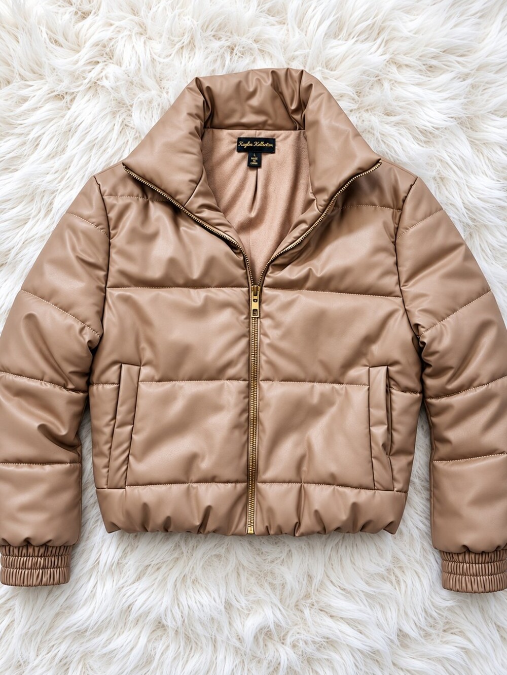 Kaylee Kollection Faux Leather Taupe Cropped Puffer Jacket Size L